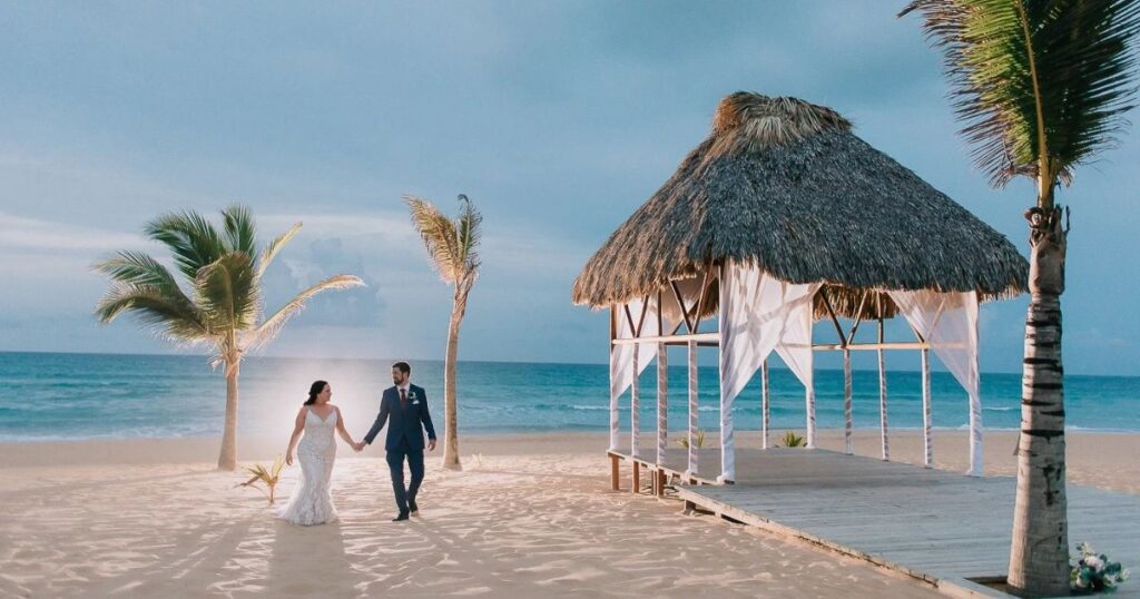 beachfront wedding ceremony setup at Excellence El Carmen in Punta Cana Dominican Republic
